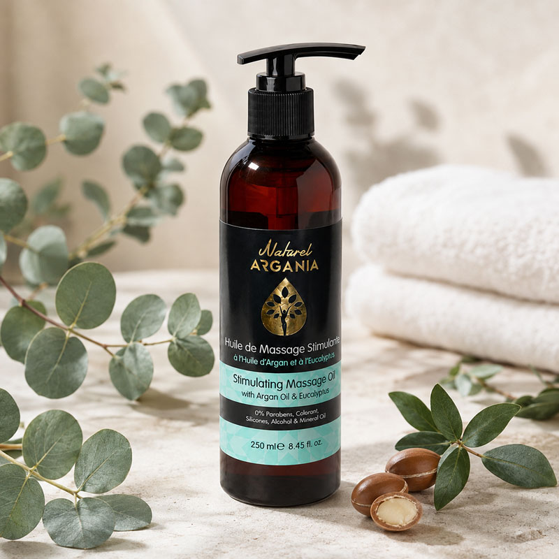 Stimulating Argan & Eucalyptus Massage Oil 250ml, Naturel Argania Canada.
